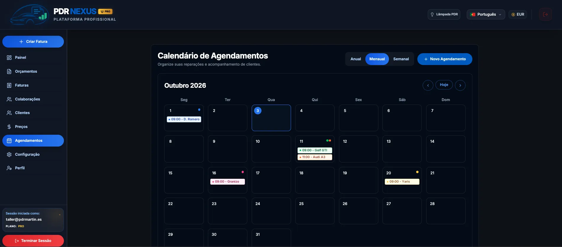 Calendário de agendamentos da oficina no PDR Nexus em vista mensal