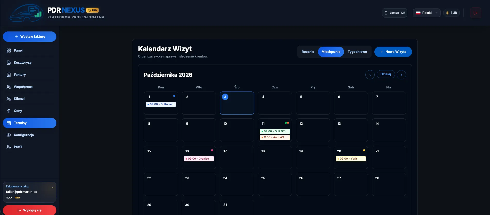 Kalendarz terminów warsztatu w PDR Nexus w widoku miesięcznym