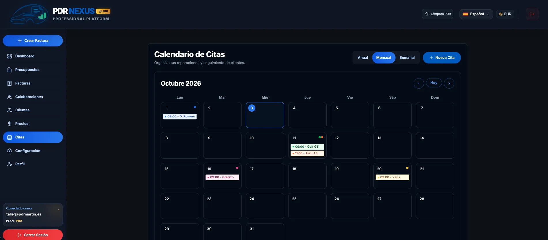 Calendario de citas del taller en PDR Nexus en vista mensual
