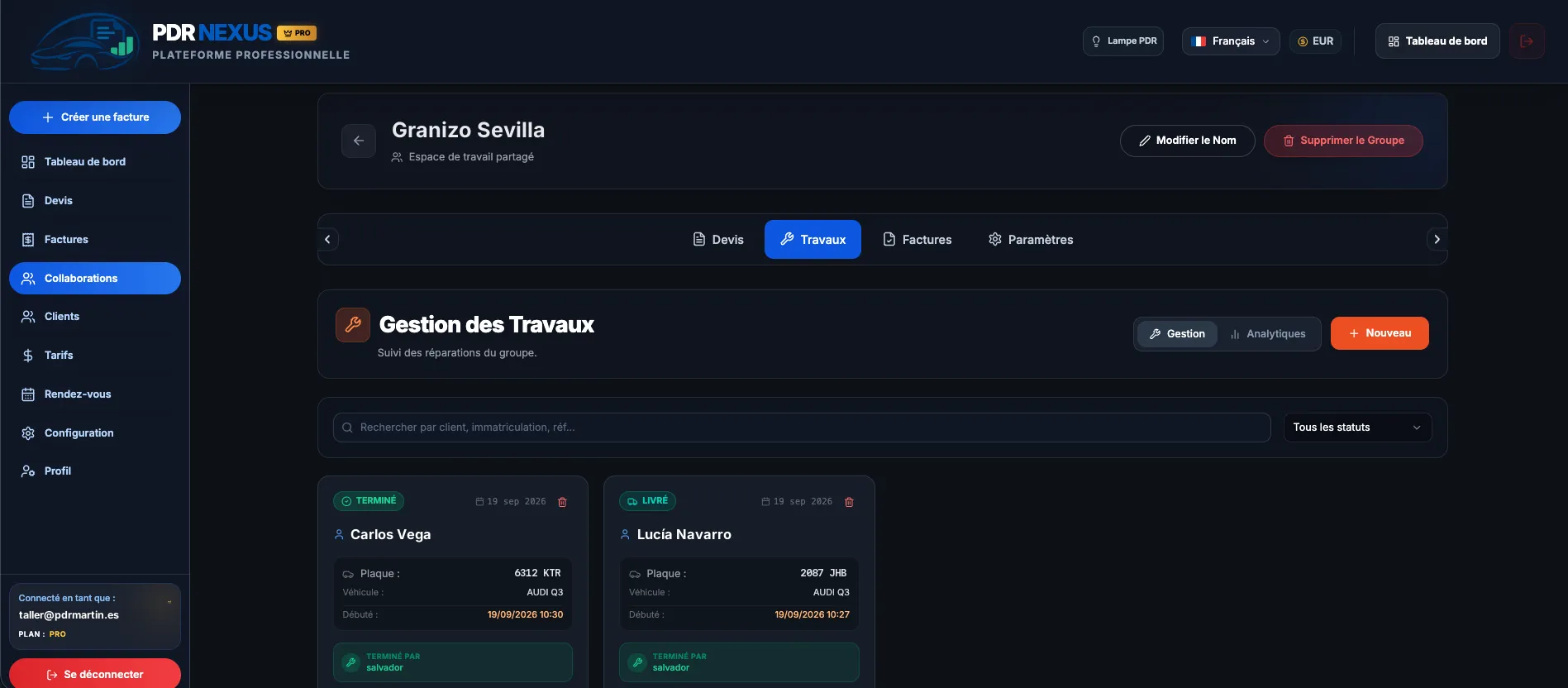 Groupe de travail partagé dans PDR Nexus avec les réparations de chaque client et leur statut