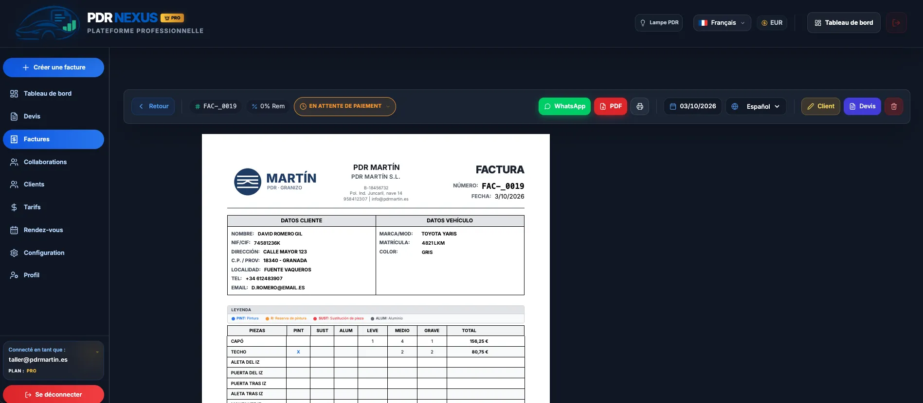 Facture générée dans PDR Nexus à partir d’un devis accepté, avec le client, le véhicule et les lignes de réparation