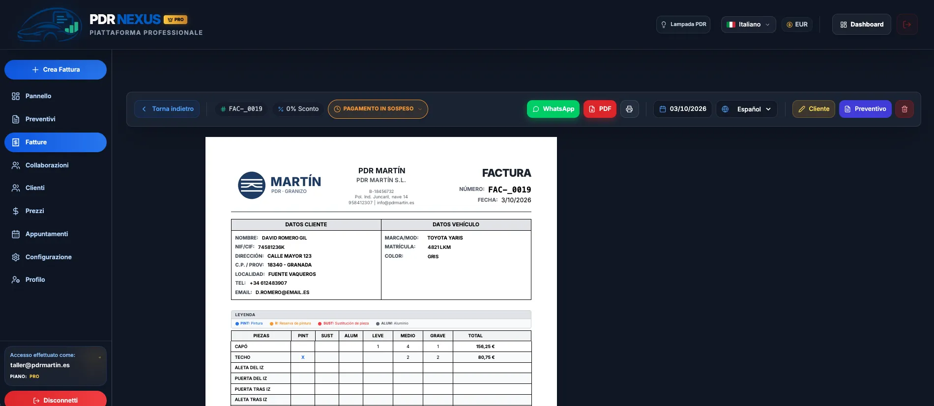 Fattura generata in PDR Nexus da un preventivo approvato, con dati del cliente, veicolo e righe di riparazione