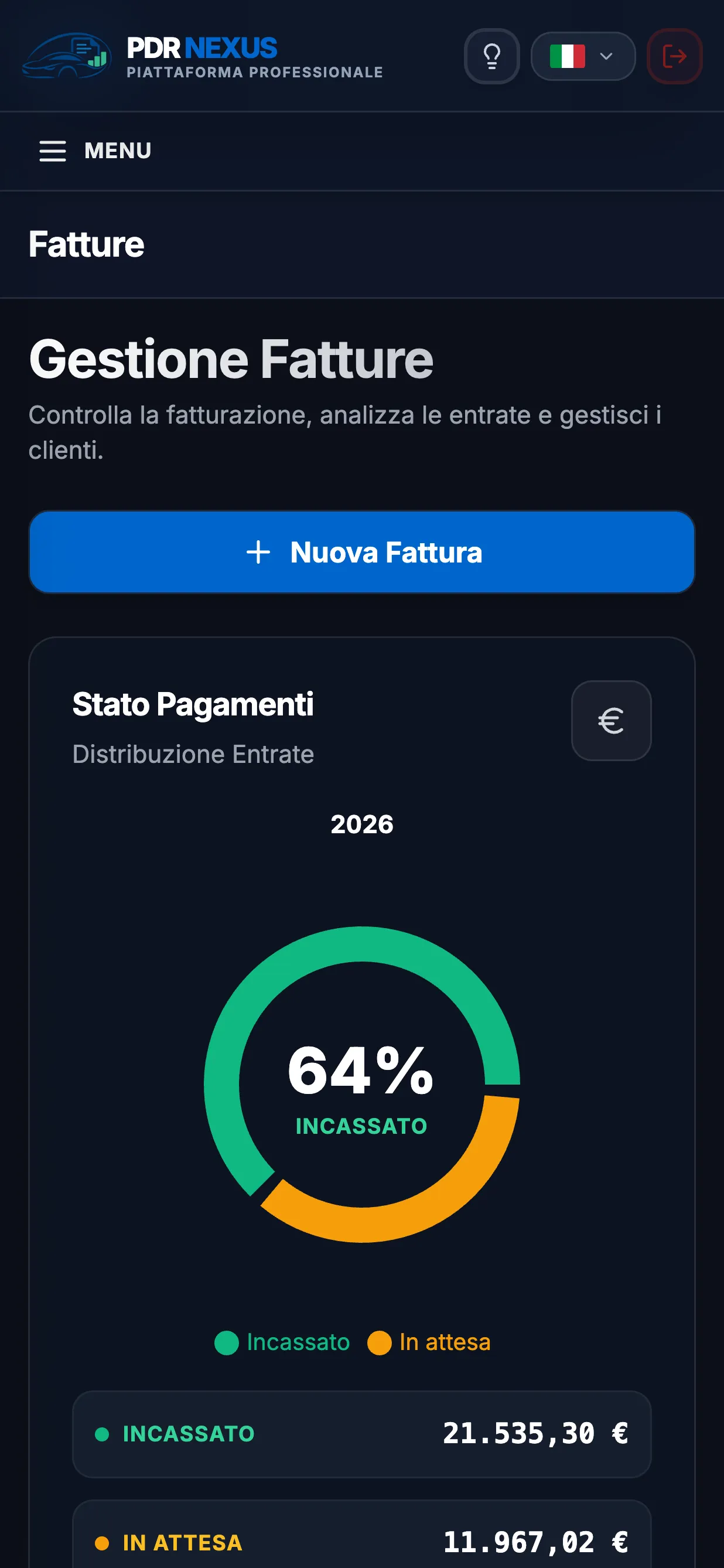 App mobile di PDR Nexus con lo stato dei pagamenti delle fatture: incassato e in sospeso
