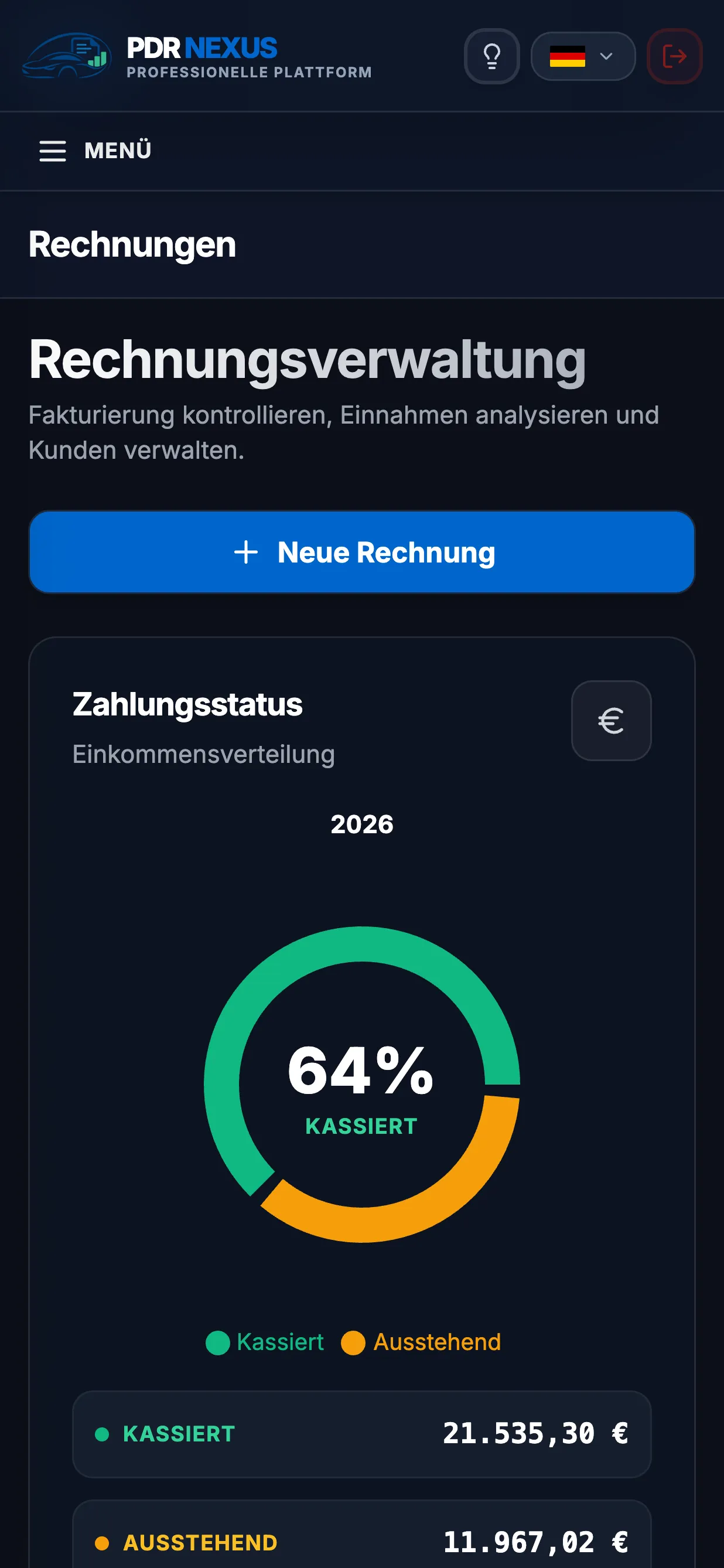 Mobile App von PDR Nexus mit dem Zahlungsstatus der Rechnungen: bezahlt und offen