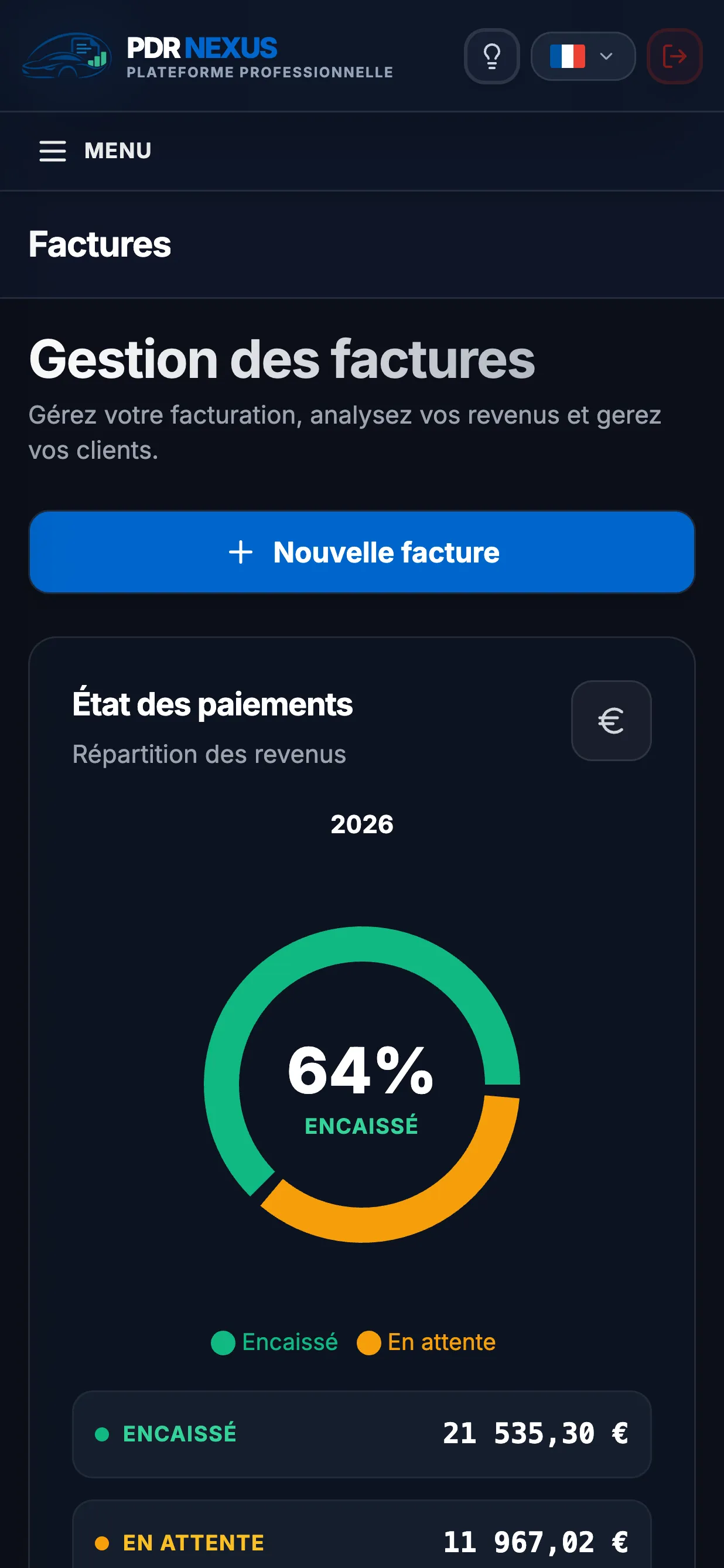 Application mobile PDR Nexus affichant l’état des paiements des factures : encaissé et en attente