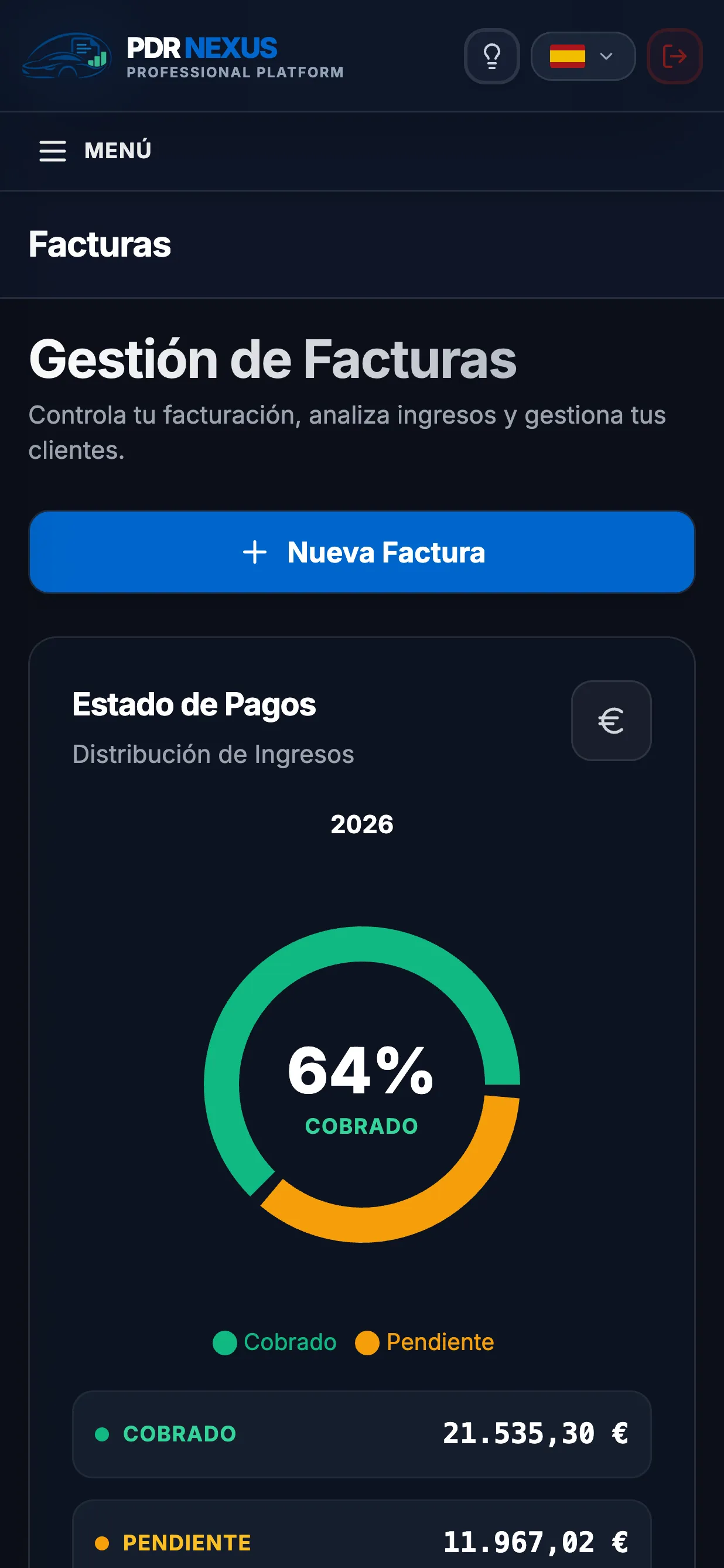 App móvil de PDR Nexus con el estado de cobro de las facturas: cobrado y pendiente
