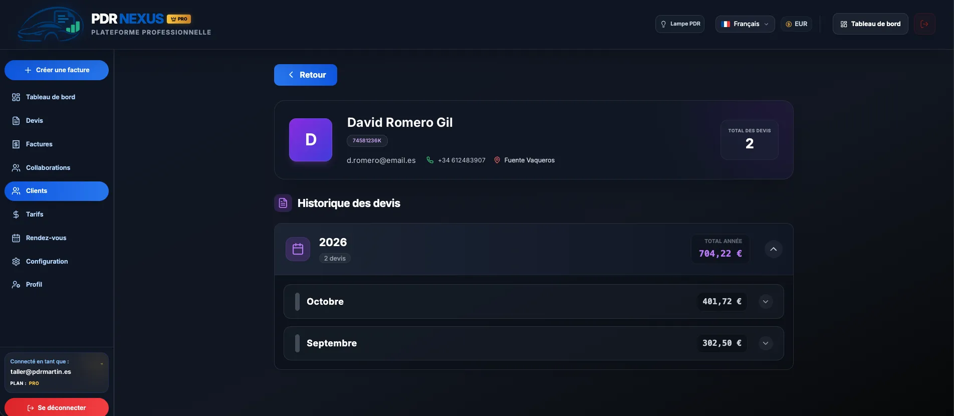 Fiche client dans PDR Nexus avec ses coordonnées et l’historique des devis par année et par mois