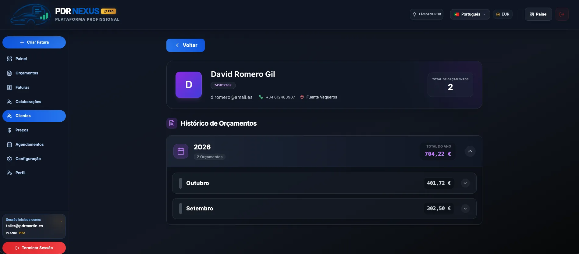 Ficha de cliente no PDR Nexus com os dados de contacto e o histórico de orçamentos por ano e mês