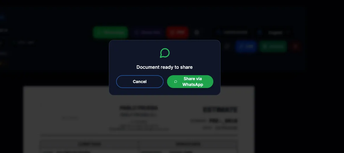 PDR Nexus window for sharing an estimate PDF via WhatsApp