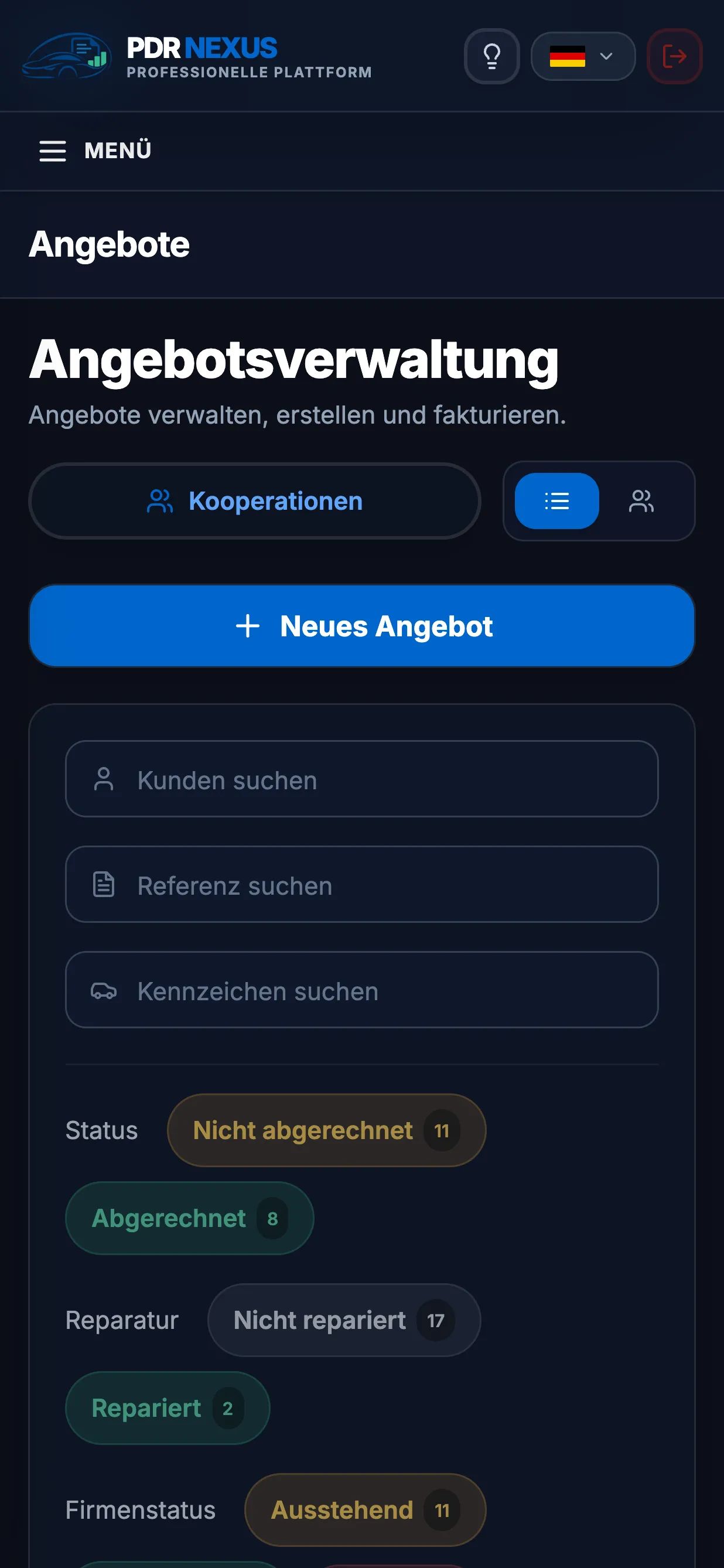 Liste der Angebote in der mobilen App von PDR Nexus mit Statusfiltern