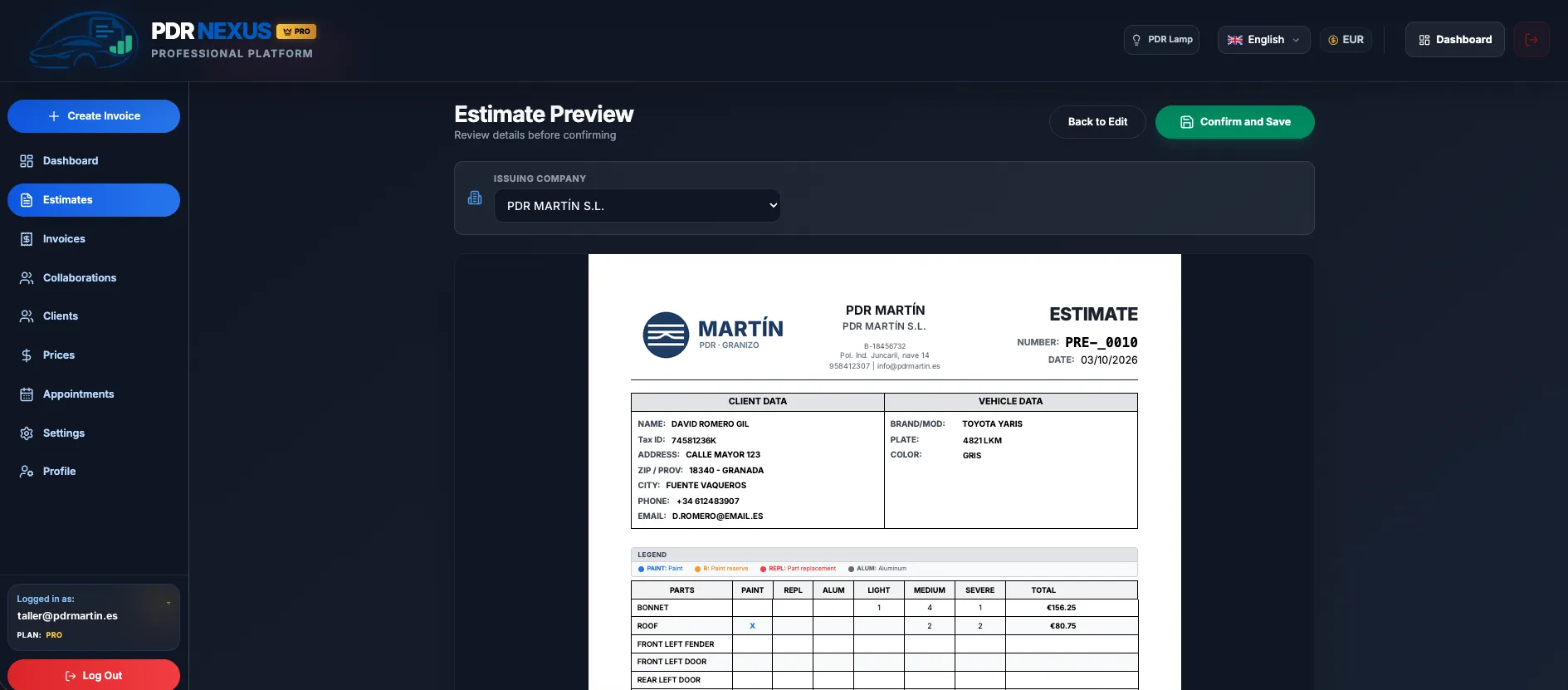 PDF preview of an estimate with the workshop’s custom header: logo, name and tax details