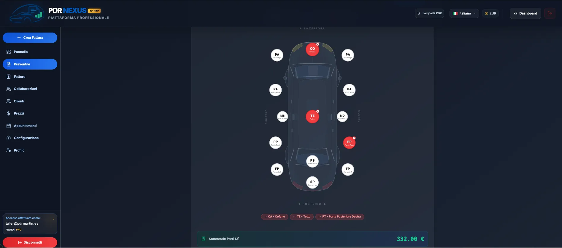 Creazione di un preventivo grandine in PDR Nexus con gli elementi danneggiati segnati sull’auto e il subtotale calcolato