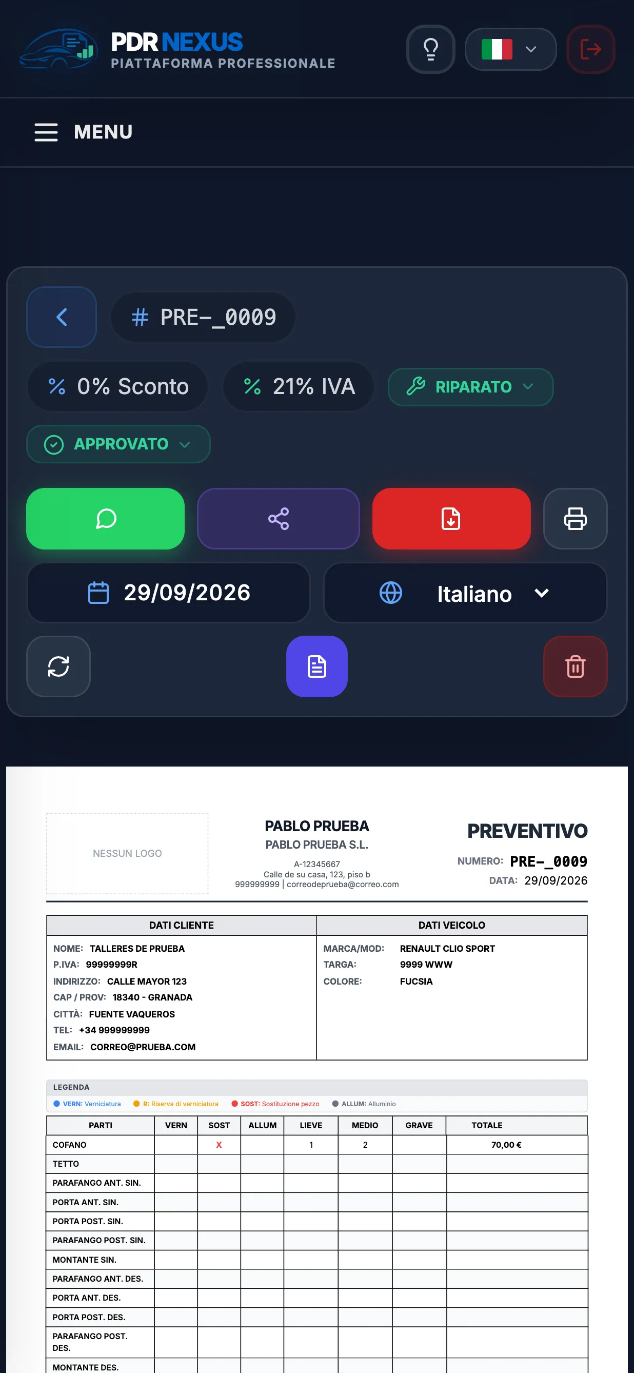 Preventivo grandine aperto nell’app mobile di PDR Nexus con i pulsanti WhatsApp e PDF
