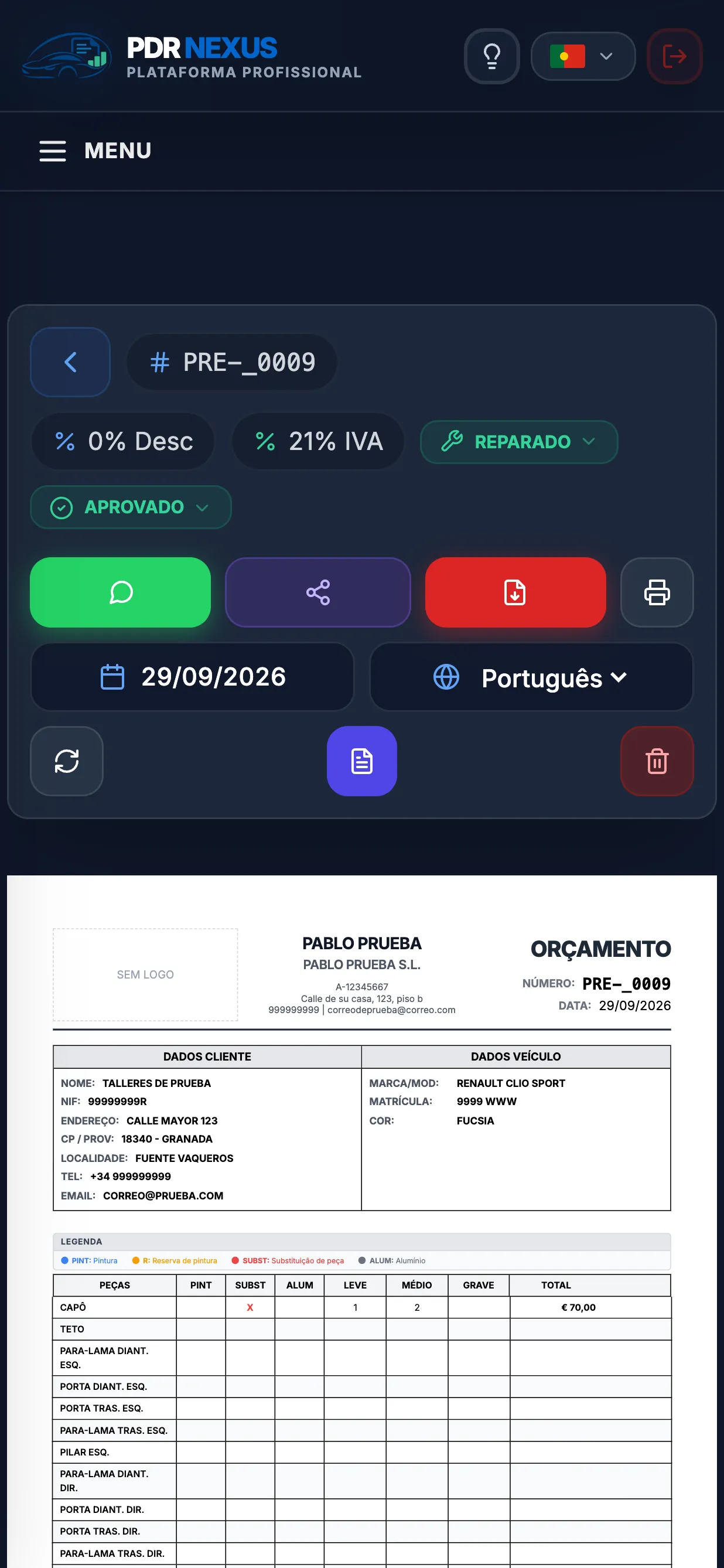 Orçamento de granizo aberto na app móvel do PDR Nexus com os botões de WhatsApp e PDF