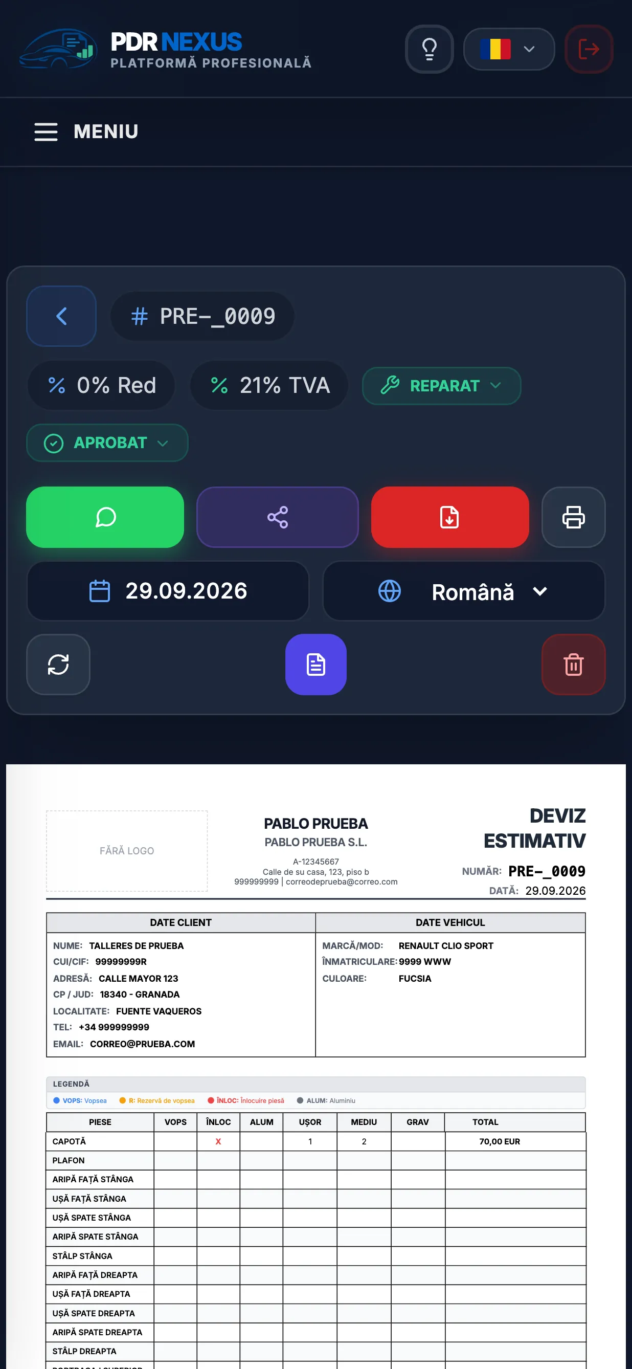 Deviz de grindină deschis în aplicația mobilă PDR Nexus, cu butoanele WhatsApp și PDF