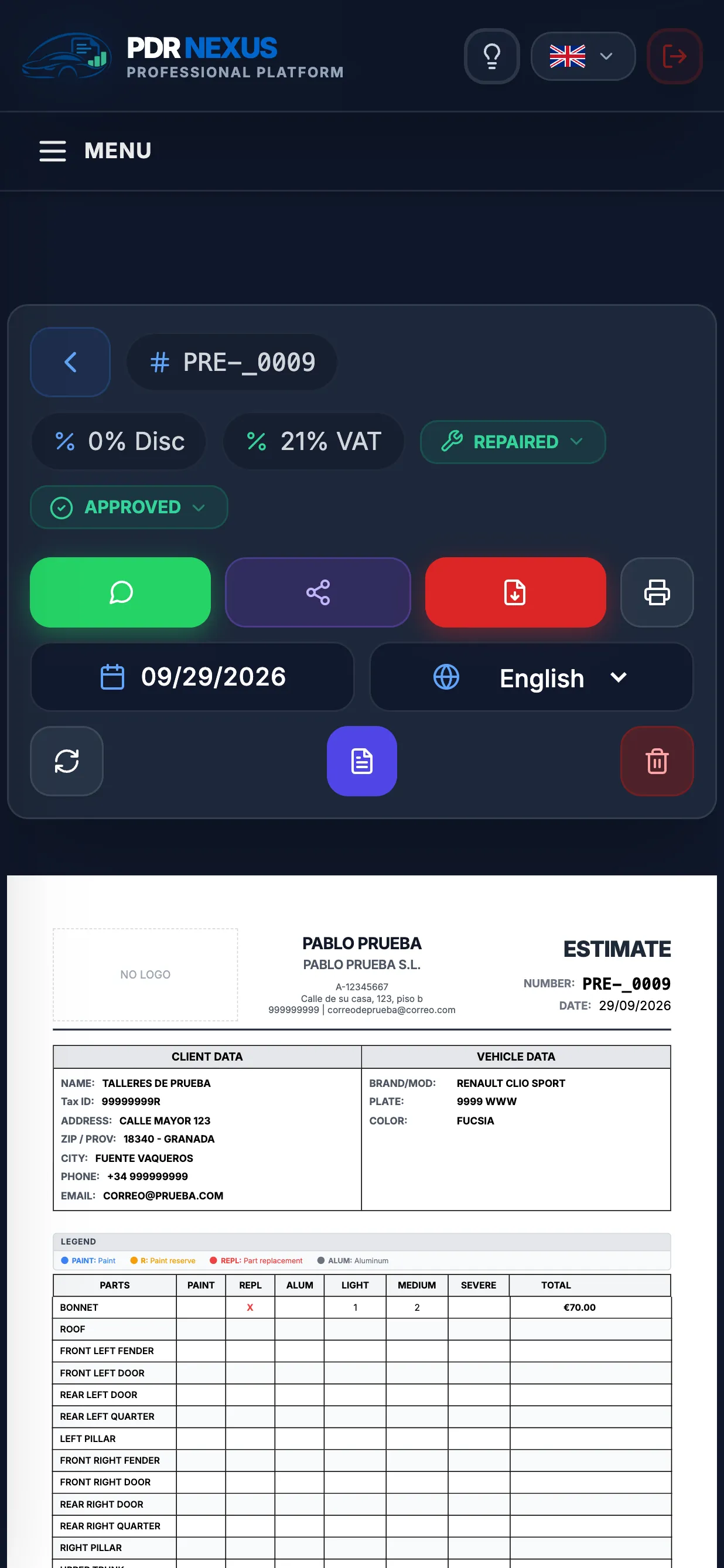 Hail estimate open in the PDR Nexus mobile app with the WhatsApp and PDF buttons