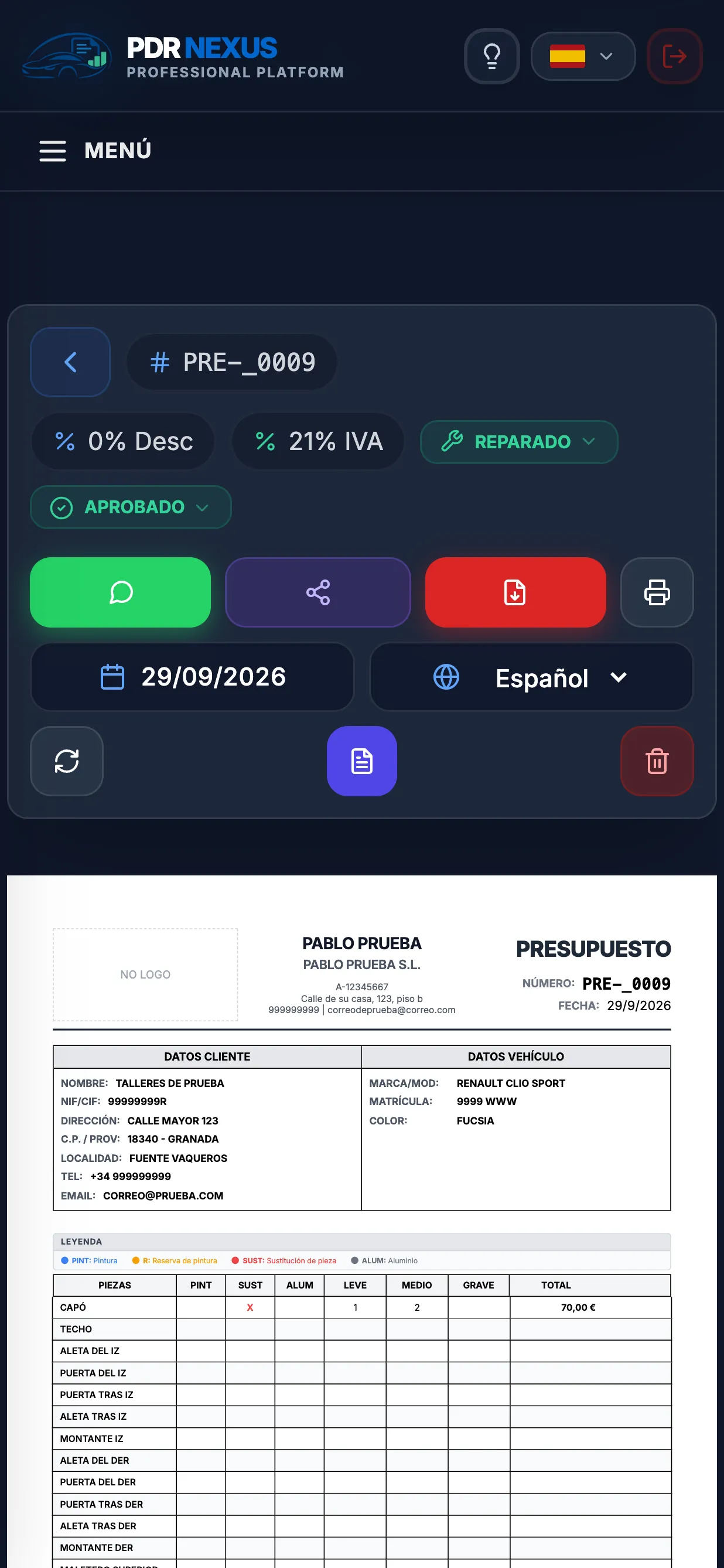 Presupuesto de granizo abierto en la app móvil de PDR Nexus con los botones de WhatsApp y PDF
